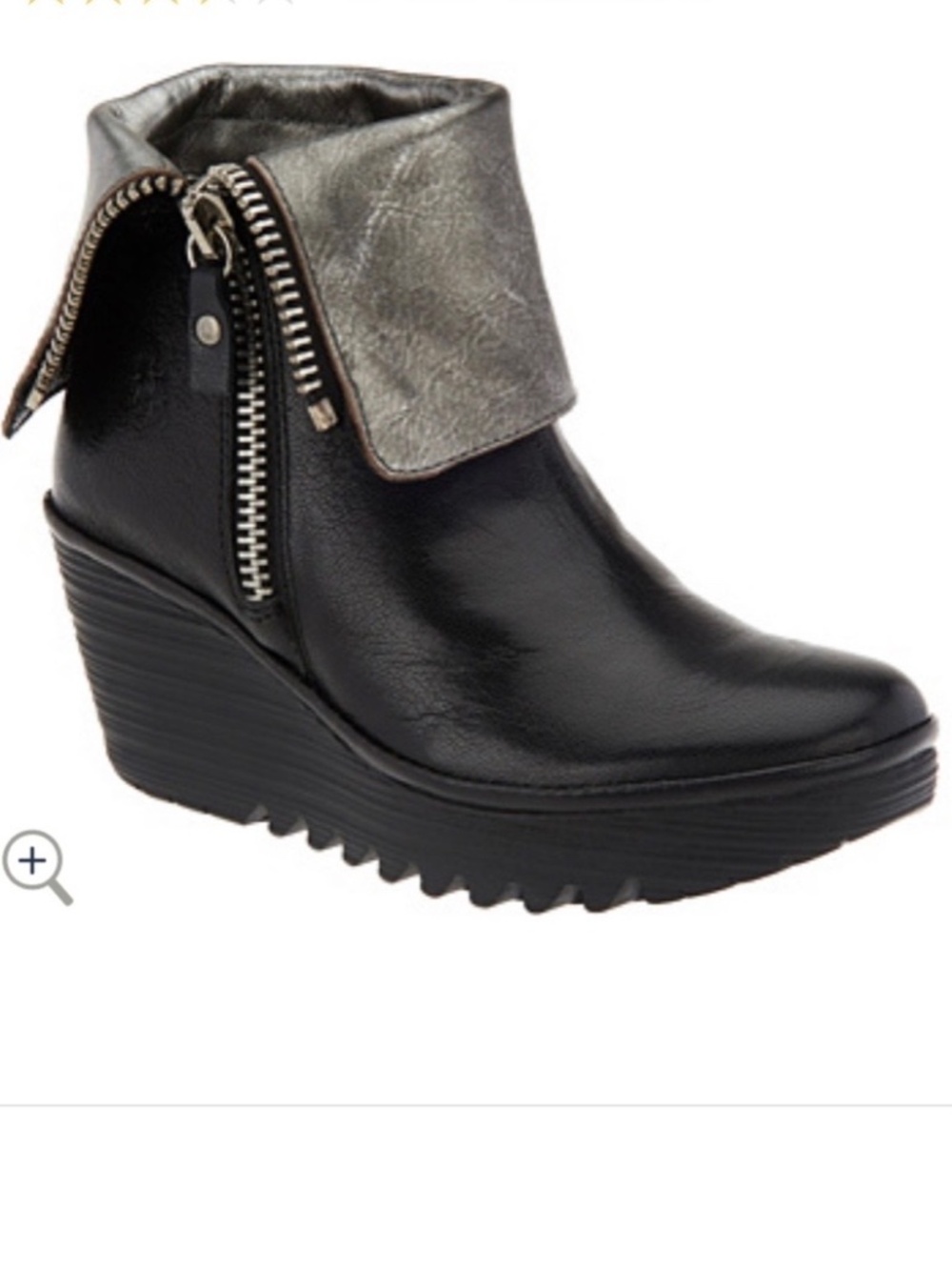 Fly London Yex Leather Foldover Wedge Ankle Boots Black-Silver SZ EU 41/US 9.5